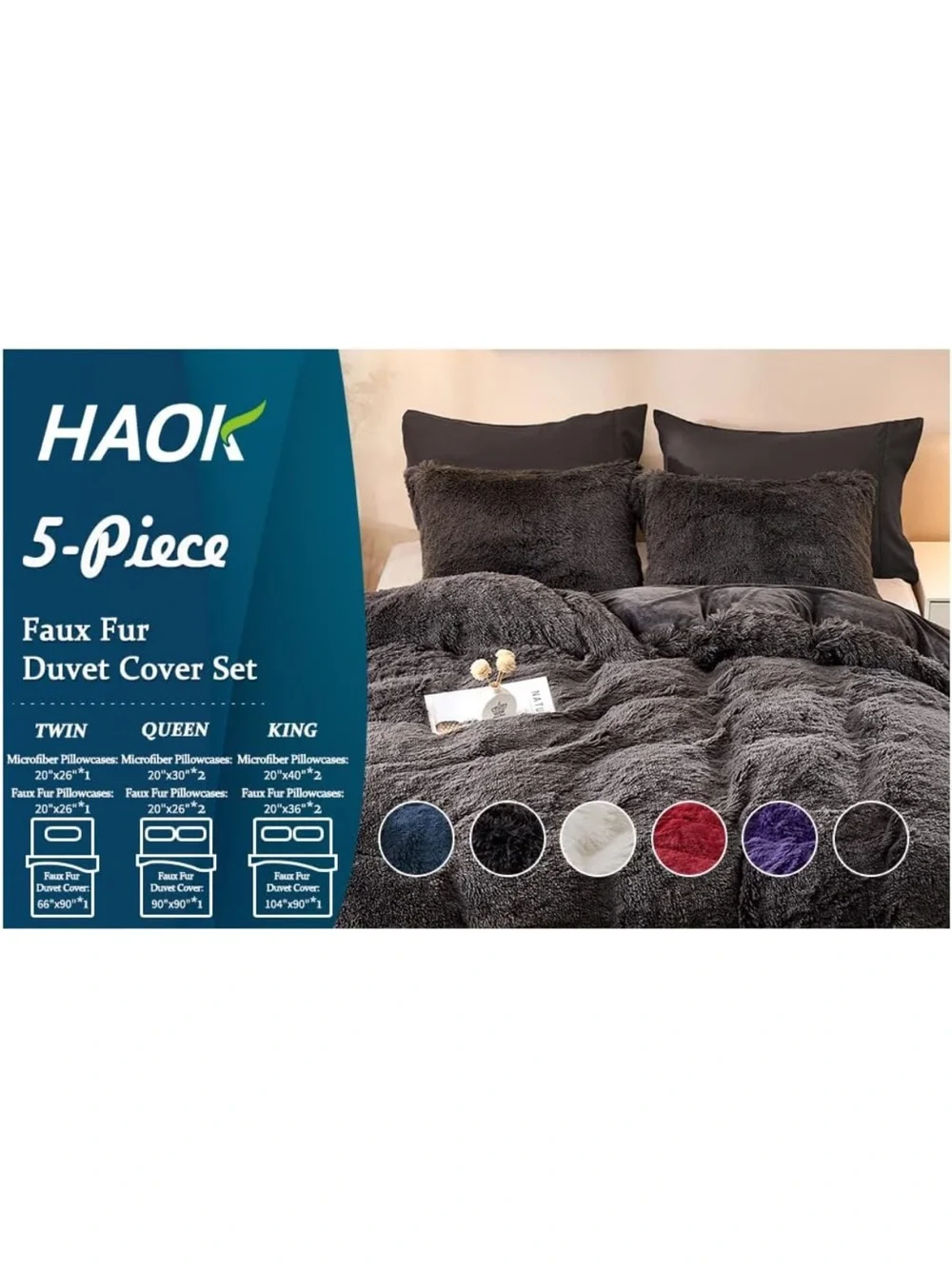New Open Box Plush Shaggy Duvet Cover Set - 5 Pieces Faux Fur Fluffy Bed Sets/Q